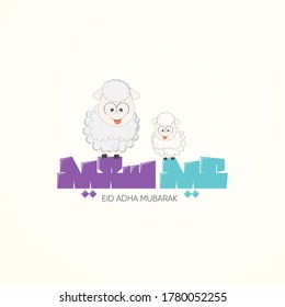 Arabic calligraphy text of Eid Al Adha Mubarak . Greeting card with sacrificial Sheep Vector illustration.