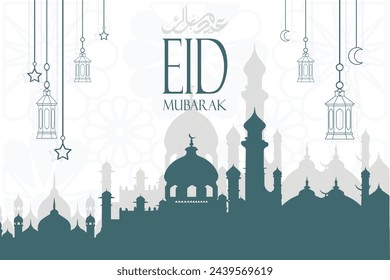 Arabic Calligraphy, text of Eid Mubarak for the celebration of Muslim community holidays. Vintage greeting card with Arabic ornaments, crescent and lanterns. Translation is Blesse feast