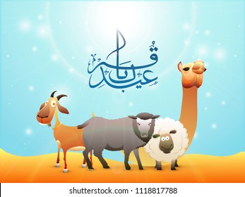 Arabic calligraphy text Eid-Ul-Adha, Islamic festival of sacrifice with illustration of sheep, goat, camel and buffalo on lighting effect background.