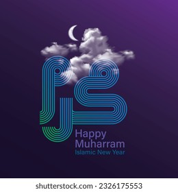 arabic calligraphy text of muharram, first month in lunar based Islamic Hijri Calendar. Typography with clouds and moon.