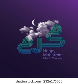 arabic calligraphy text of muharram, first month in lunar based Islamic Hijri Calendar. Typography with clouds and moon.