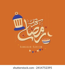 Arabic Calligraphy Text Of Ramadan Kareem with Arabic Lantern, Crescent Moon, Stars and Declious Dates Bowl on Orange Background for Islamic Festival Card or Poster Design.