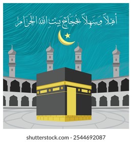 Caligrafía árabe que significa bienvenidos peregrinos a Baitullah. Kaaba en la Gran Mezquita. Concepto islámico del Hajj. Ilustración vectorial plana.