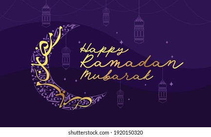 Caligrafía árabe escribió 'ramadan mubarak' (Feliz mes de Ramadán) en forma de luna con una lámpara colgante en fondo morado oscuro