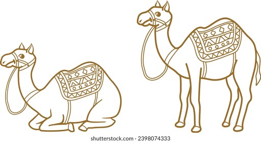 Arabic Camel vector line art illustration isolated in transparent background. 