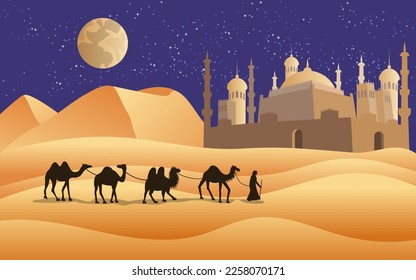 Arabic camels in desert, ramadan scene. Arabian travel in sunset landscape, celebration in sand. Muslim mosque in night, moon and bedouins, vector cartoon illustration current background