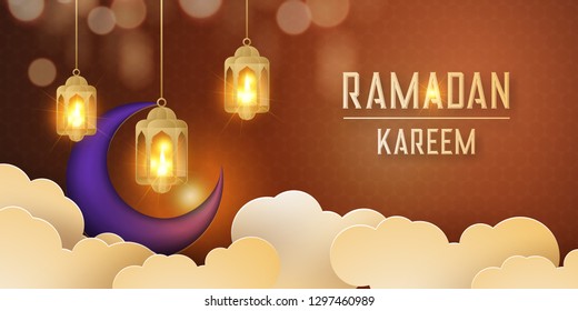 Arabic card design for ramadan, with lanterns and paper cutting arts. Ramadan Kareem design, Lanterns style with moon upon the sky with clouds papercut design.