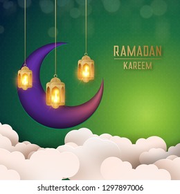Arabic card design for ramadan, with lanterns and paper cutting arts. Ramadan Kareem design, Lanterns style with moon upon the sky with clouds papercut design.