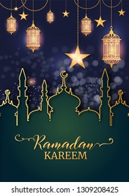 Arabic card design for ramadan, with lanterns and paper cutting arts. Ramadan Kareem design.