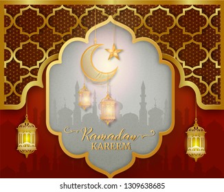 Arabic card design for ramadan, with lanterns and paper cutting arts. Ramadan Kareem design.