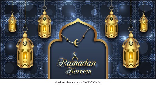 Arabic Card for Ramadan Kareem, Golden Lanterns, Fanoos