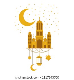 arabic castle with moon and decoration hanging in the night