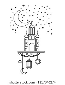 arabic castle with moon and decoration hanging in the night