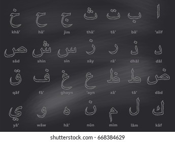 Arabic Chalk Alphabet On Black Chalkboard. Hand Drawn Letters With Thin Stroke. Sketch Style. ABC For School Books, First Words Alphabet Cards For Toddlers Kids, Early Childhood Education. 