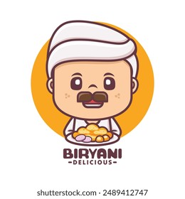 Arabic chef mascot logo with biryani rice, cartoon illustrations for culinary businesses, brand logos, stickers, cartoon identities, stickers, icons, etc.