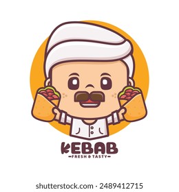 Arabic chef mascot logo with kebab, cartoon illustrations for culinary businesses, brand logos, stickers, cartoon identities, stickers, icons, etc.
