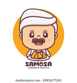 Arabic chef mascot logo with samosa, cartoon illustrations for culinary businesses, brand logos, stickers, cartoon identities, stickers, icons, etc.