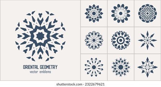 Arabic circular geometric symbols set. Vector monochrome mosaic oriental ornamental emblems