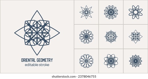 Arabic circular geometric symbols set. Vector linear mosaic oriental ornamental emblems