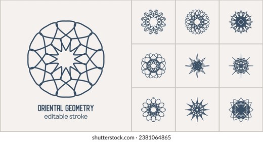 Arabische kreisförmige geometrische Symbole setzen. Lineare, orientalische, Vektorgrafik-Zierembleme