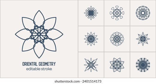 Arabic circular geometric symbols set. Vector linear mosaic oriental ornamental emblems