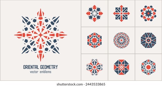 Conjunto de símbolos geométricos circulares árabes. Vector mosaico oriental emblemas ornamentales para logotipos, patrones y diseño