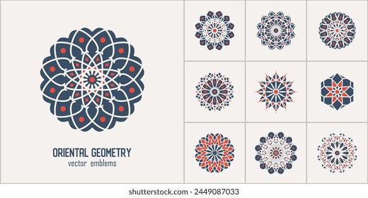 Arabic circular geometric symbols set. Vector mosaic oriental ornamental emblems for logos, patterns and design