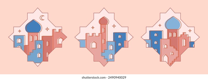 Arabic city landscape from arches, windows. Abstract muslim moroccan, saudi eastern old city, medina. Line vector mosque, buildings, houses silhouette.