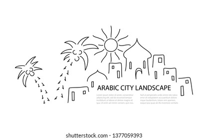 Arabic city landscape template in hand drawn lineart style. Vector illustration banner.