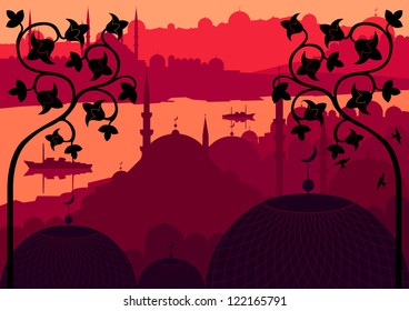 Arabic city landscape vintage eastern romantic illustration background vector