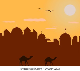 Arabic city on the background of the evening sunset, vector