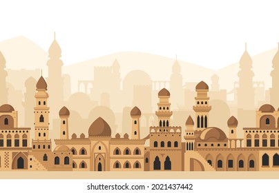 Ciudad árabe mezquita tradicional construye siluetas vistas panorámicas. Ilustración vectorial de la arquitectura islámica. Paisaje tradicional arábigo de ladrillo rojo con patrimonio cultural de las casas