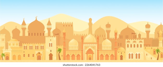 Arabic city view. Old islamic castle cityscape panorama, muslim city oman morocco marrakech saudi cities background, ancient mosque houses silhouette, neat vector illustration of old city islamic town