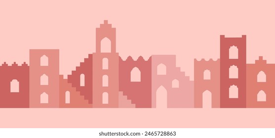 Arabic city wall shape with buildings, windows, archs, stairs. Moroccan style landscape. Simple vector seamless border with houses.