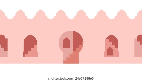 Arabic city wall shape with windows, archs. Moroccan style landscape. Simple Vector seamless border.