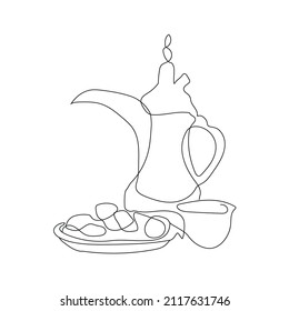 Arabic Coffee With Dates Line Art, Traditional Arabic Coffee 