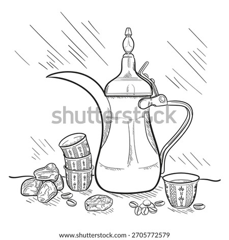 Arabic coffee elements including Dallah(coffee pot),dates, cup(finjan),dates and coffee beans.Line art