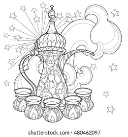 Arabic coffee maker dalla with cups. Greeting card or invitation, adult or children magic coloring anti stress book.Zen art hand drawn.