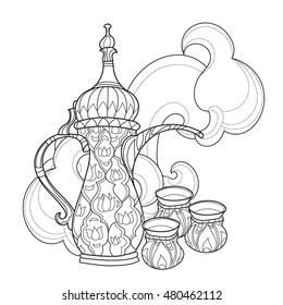 Arabic coffee maker dalla with cups. Greeting card or invitation, adult or children magic coloring anti stress book.Zen art hand drawn.