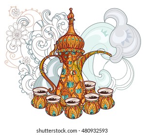 Arabic coffee maker dalla with cups. Greeting card or invitation, hand drawn sketch. Zen art illustration.