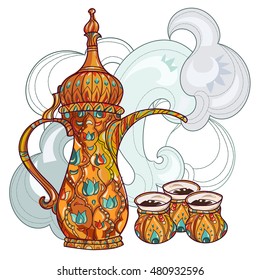 Arabic coffee maker dalla with cups. Greeting card or invitation, hand drawn sketch. Zen art illustration.