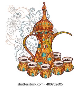 Arabic coffee maker dalla with cups. Greeting card or invitation, hand drawn sketch. Zen art illustration.