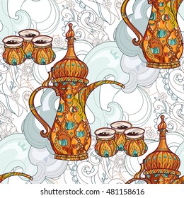 Arabic coffee maker pot dalla with cups seamless pattern. Greeting card or invitation, hand drawn sketch.Zen art hand drawn.