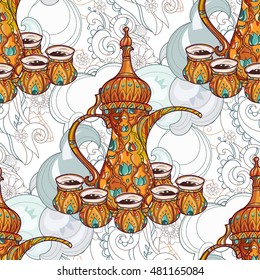 Arabic coffee maker pot dalla with cups seamless pattern. Greeting card or invitation, hand drawn sketch. Zen art hand drawn.