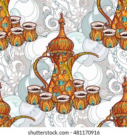 Arabic coffee maker pot dalla with cups seamless pattern. Greeting card or invitation, hand drawn sketch.Zen art hand drawn.