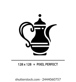 Arabic coffee pot black glyph icon. Antique handmade traditional pot. Luxury souvenir. Unique prestigious culture. Silhouette symbol on white space. Solid pictogram. Vector isolated illustration