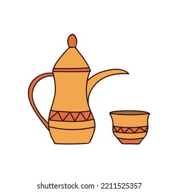 Arabic coffee pot and cup colorful doodle illustration in vector. Arabic coffee pot and cup illustration in vector. Arabic copper illustration in vector.