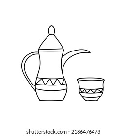 Arabic coffee pot and cup doodle illustration in vector. Arabic coffee pot and cup hand drawn illustration in vector. Arabic copper doodle illustration in vector.