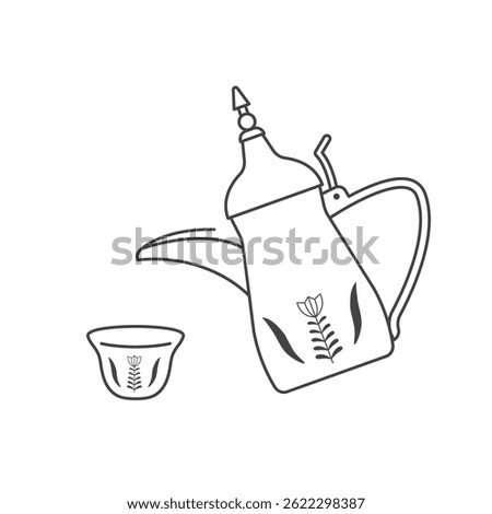 Arabic coffee pot and cup line icon set. Traditional kahwa coffee with dalla pot. Vector illustrational