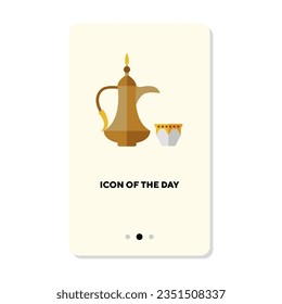 Arabic coffee pot and cup on white background. Coffee break cartoon illustration. Coffee making and culture concept. Vector illustration symbol elements for web design and apps